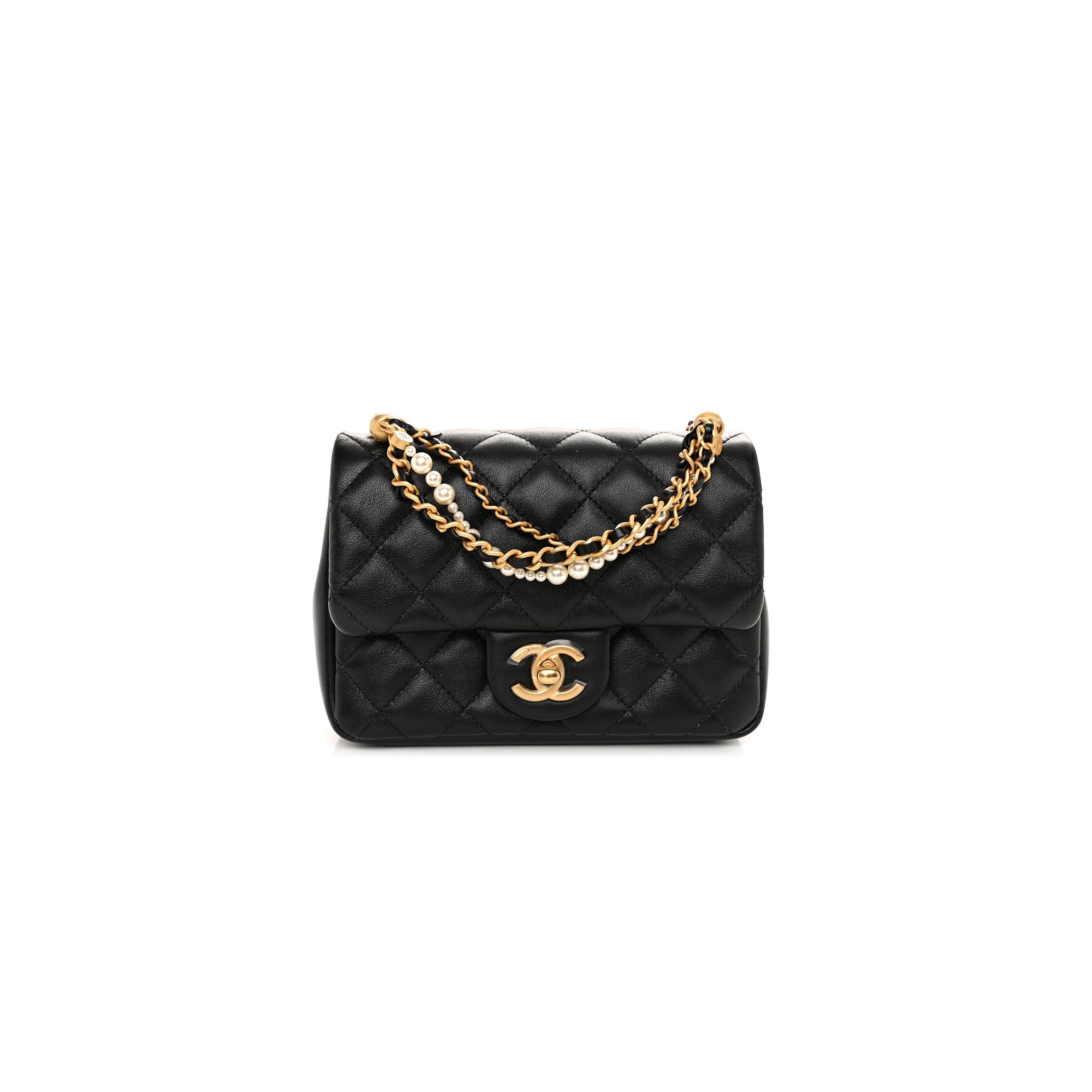 Ch*el shiny lambskin quilted pearl twist mini square flap black as4385 (17*12.5*5cm)